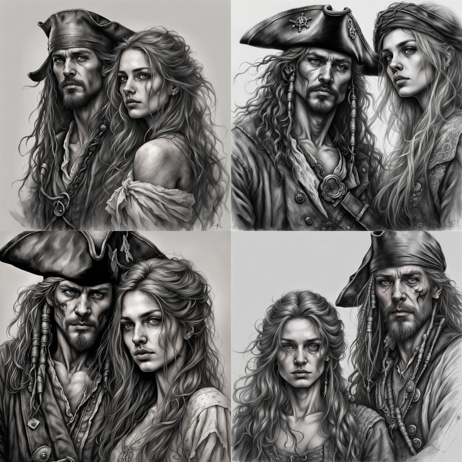 Pirate and Woman Portrait in Coloring Book Style