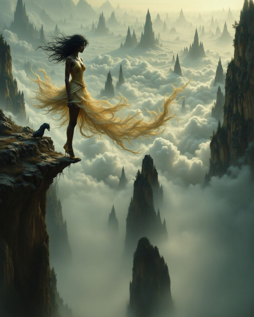 Surreal Vertigo Art: Woman on Mountain Ledge