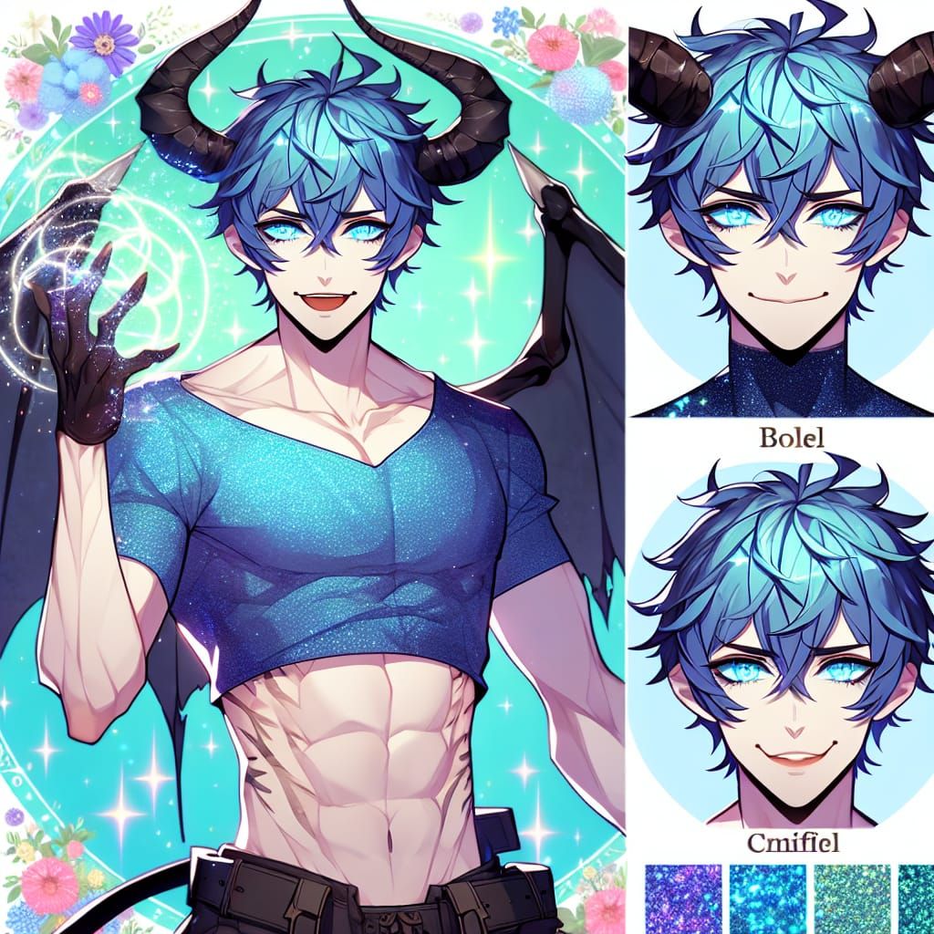 Anime-Inspired Demon Portrait in Vibrant Blue Hues