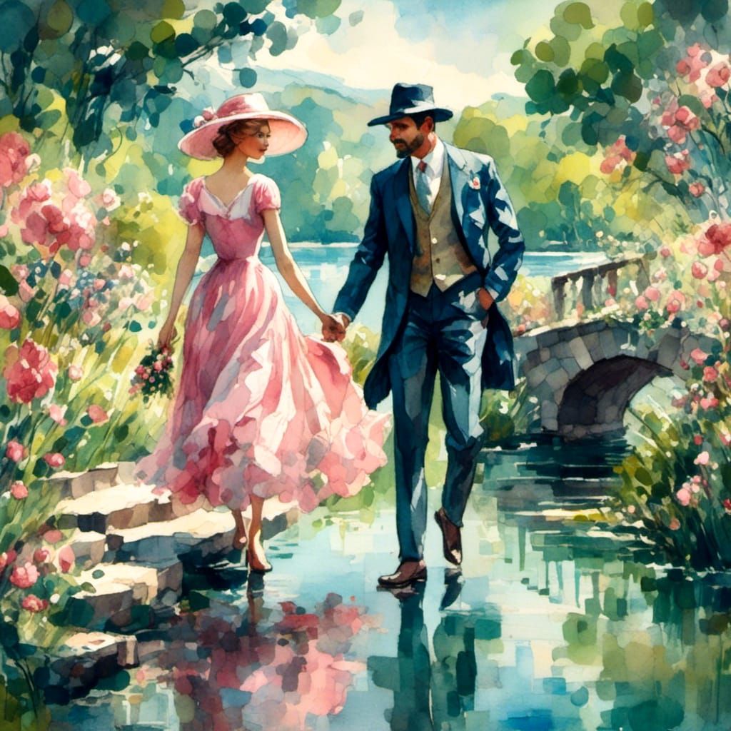 Couple Strolling by Lake in Gouache Impressionist Style