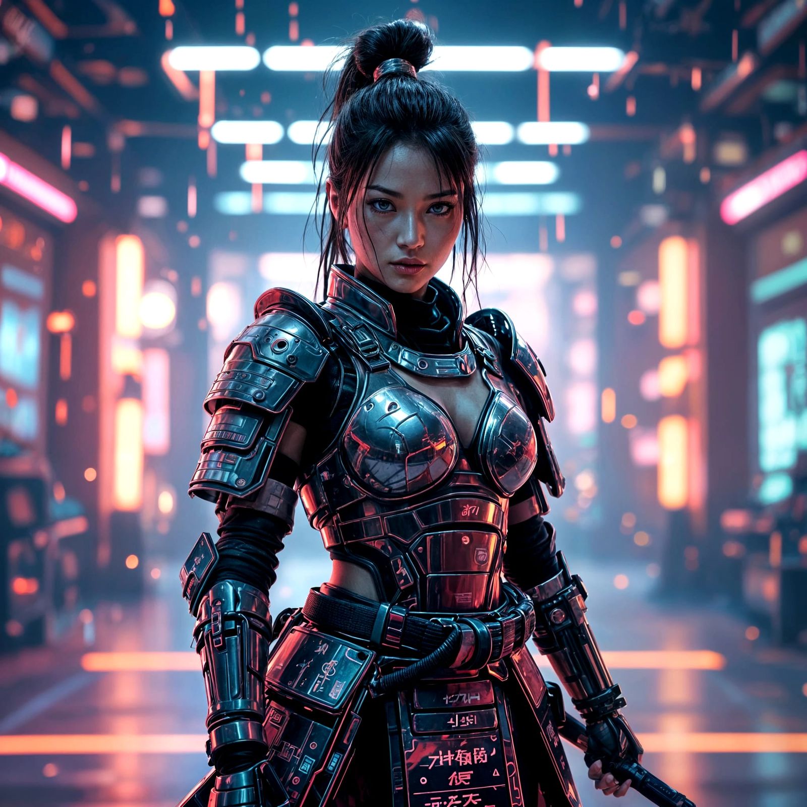 Fierce Japanese Warrior in Glitch Art Style Dojo