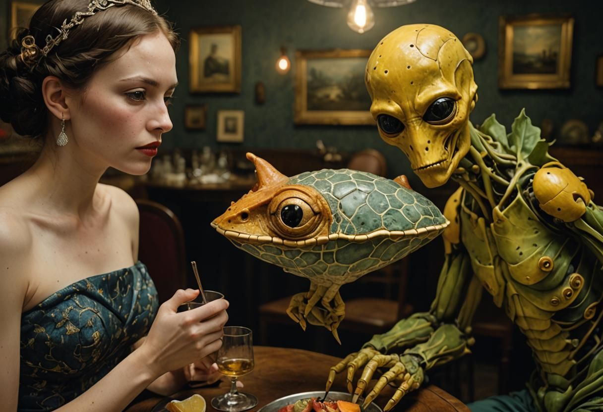 Surreal Restaurant Scene with Exotic Aliens and Celestial Be...