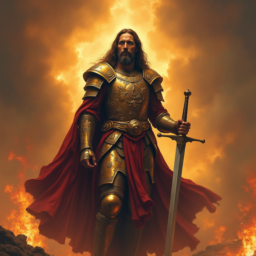 Jesus Christ as Armored Warrior in Apocalyptic Landscape