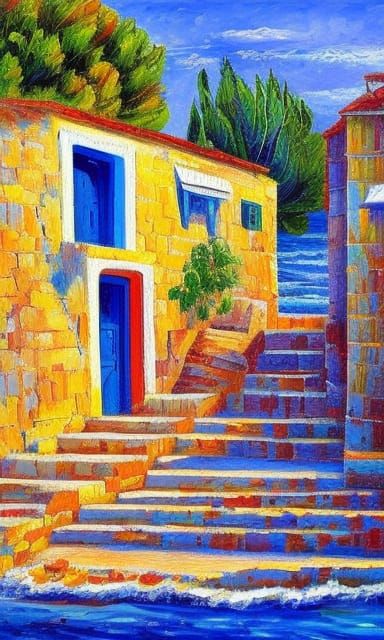 Greek Seaside Village as Impasto Oil Painting