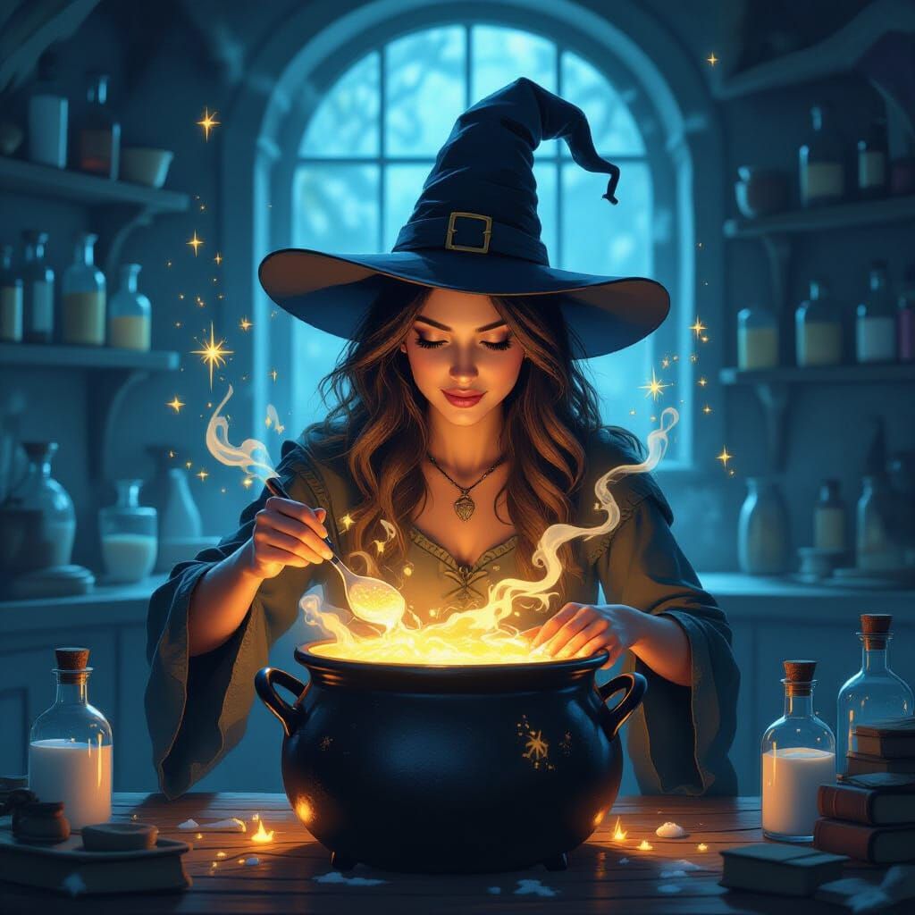 Witch's Magical Laundry Brew in Dim Kitchen