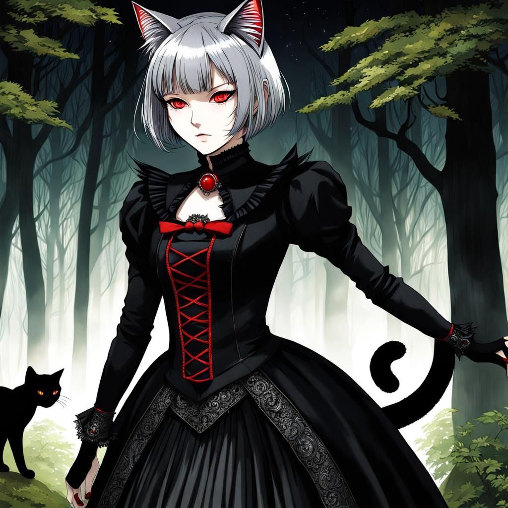 Gothic Cat-Girl Portrait in Dark Manga Style