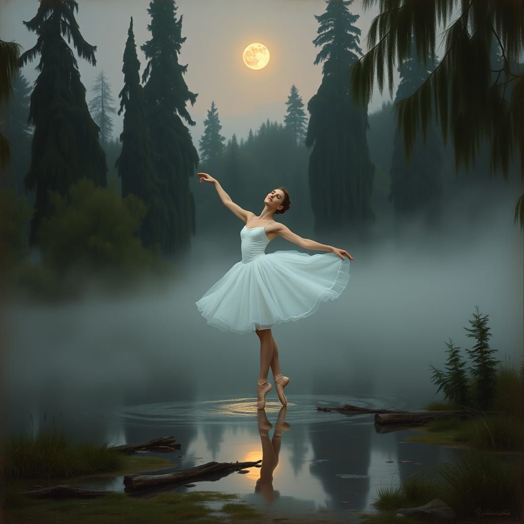 Romantic Ballerina on Misty Lake Shore