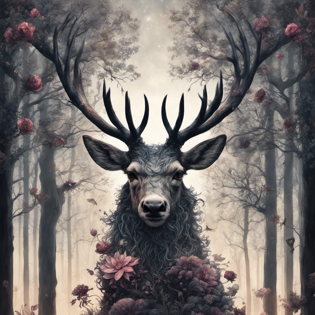 High Gothic Stag in Forest, Tim Burton Style