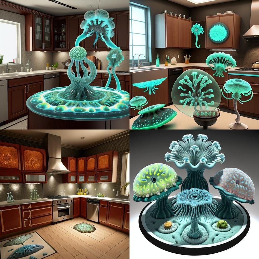 Giant Amoebas in Modern Kitchen, Octane Render