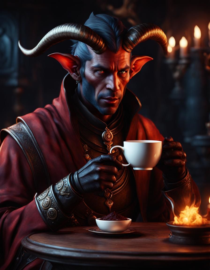 Tiefling Rogue Enjoying Tea: Hyperrealistic Fantasy Portrait