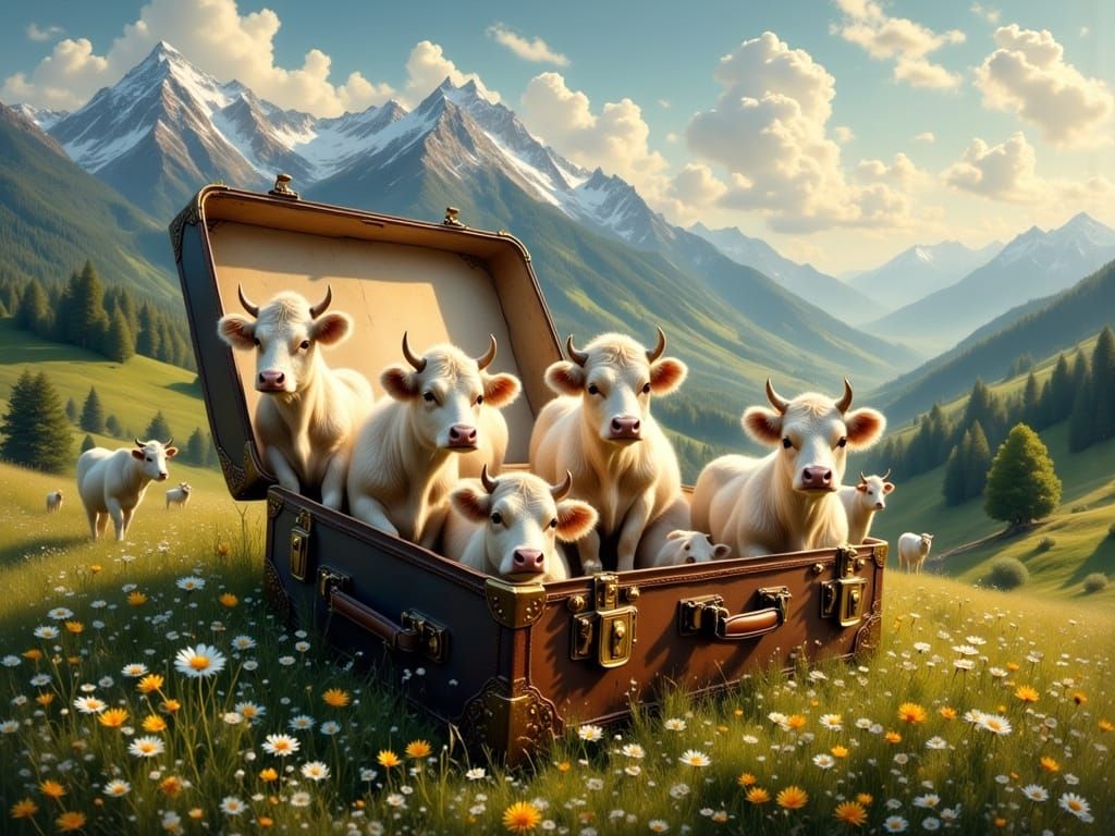 Miniature Cows Grazing in Suitcase with Mountain Valley