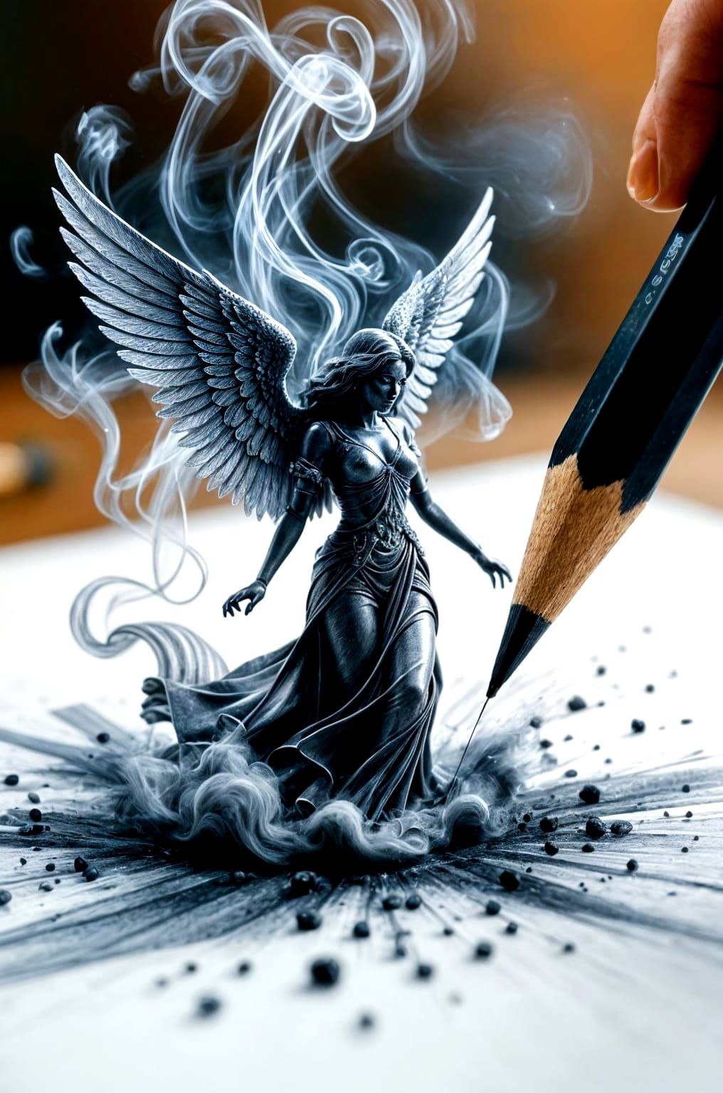 Charcoal Drawing of Angel Lifting Off Paper