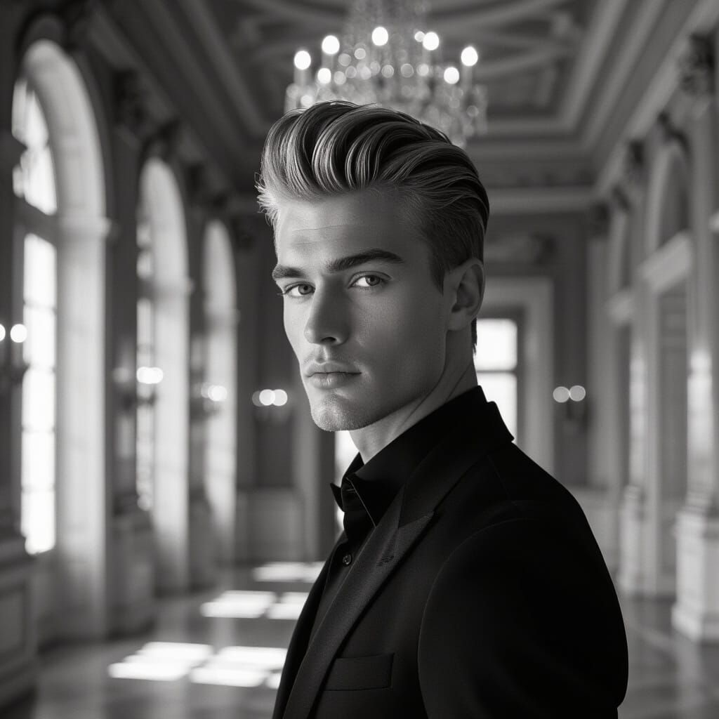 Dapper Blond Man in Elegant Hall, Black and White Macro Phot...