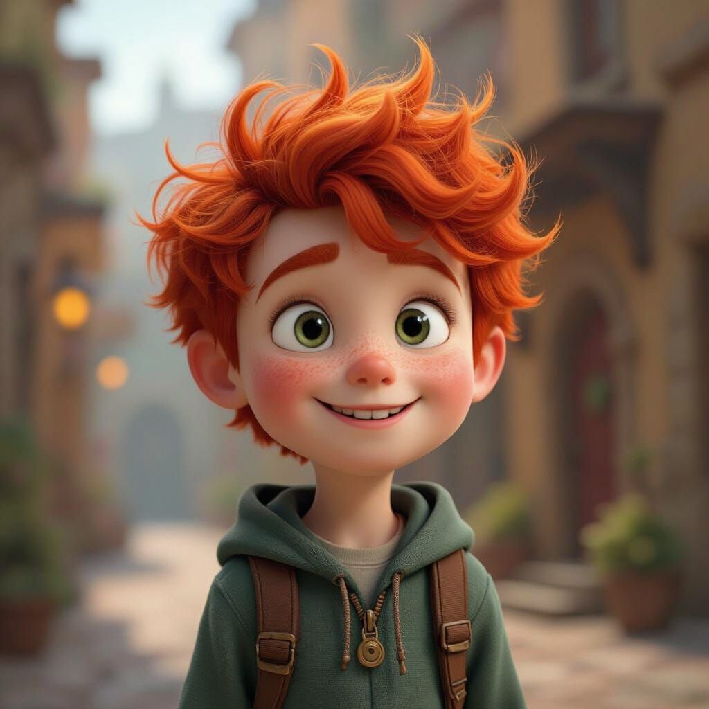 Pixar Style Red-Haired Boy in Fantasy Landscape