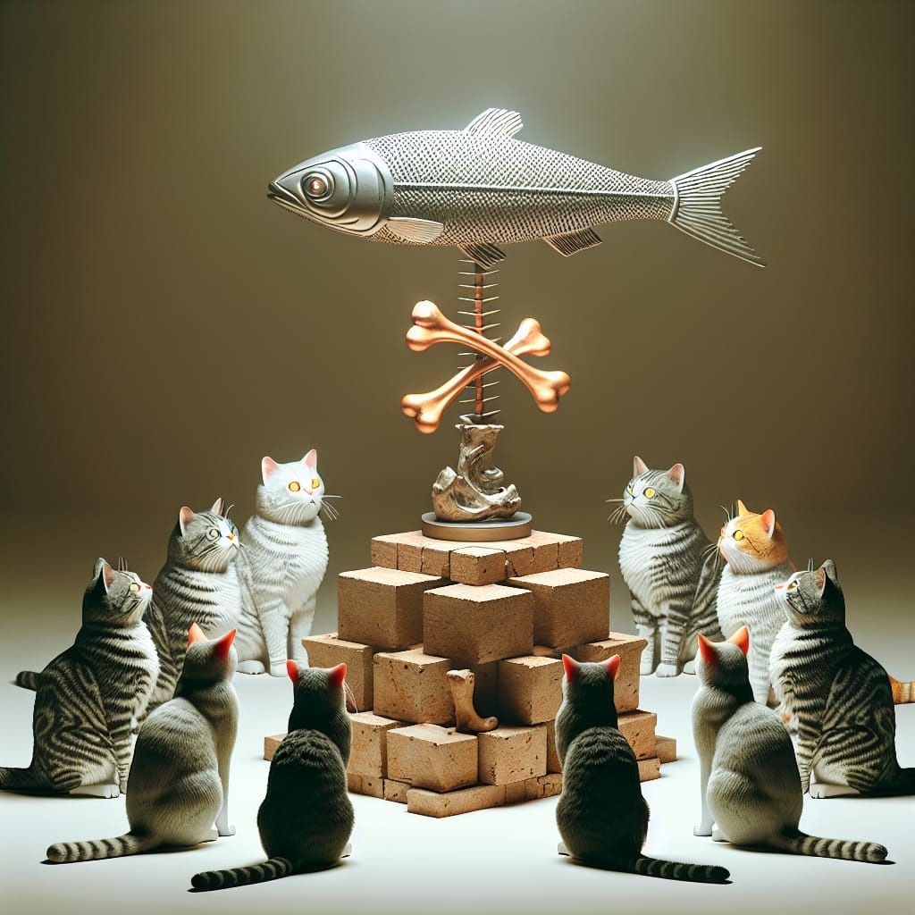 Cats Worshiping Metallic Fish Bone Statue