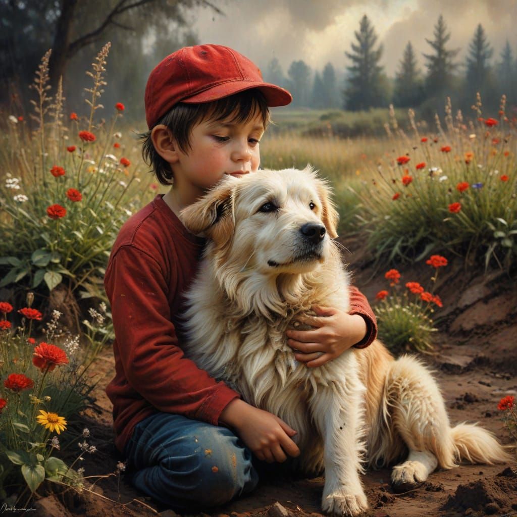 Boy and Dog in Earthy Fantasy Oil Painting