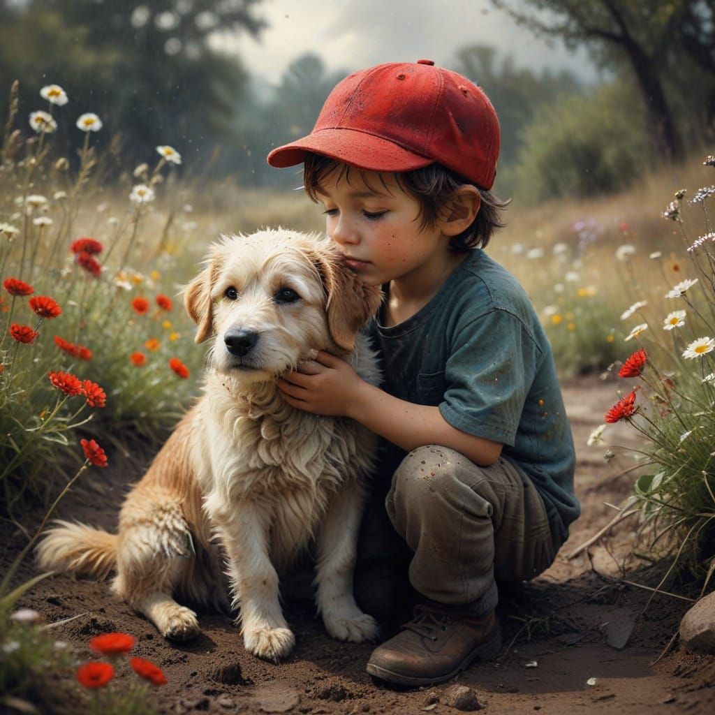 Boy and Dog in Oil Painting Style