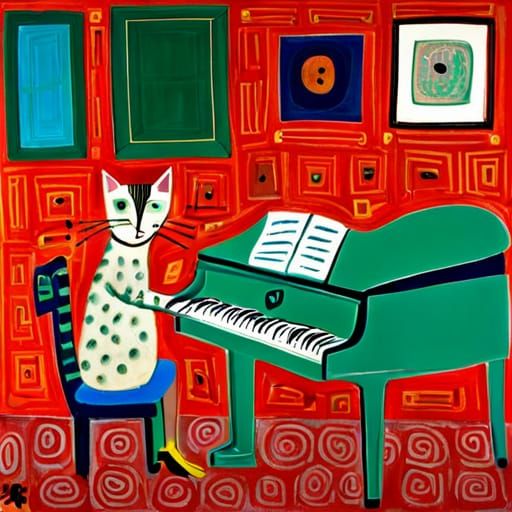 Cat Plays Piano: Naive Art Style