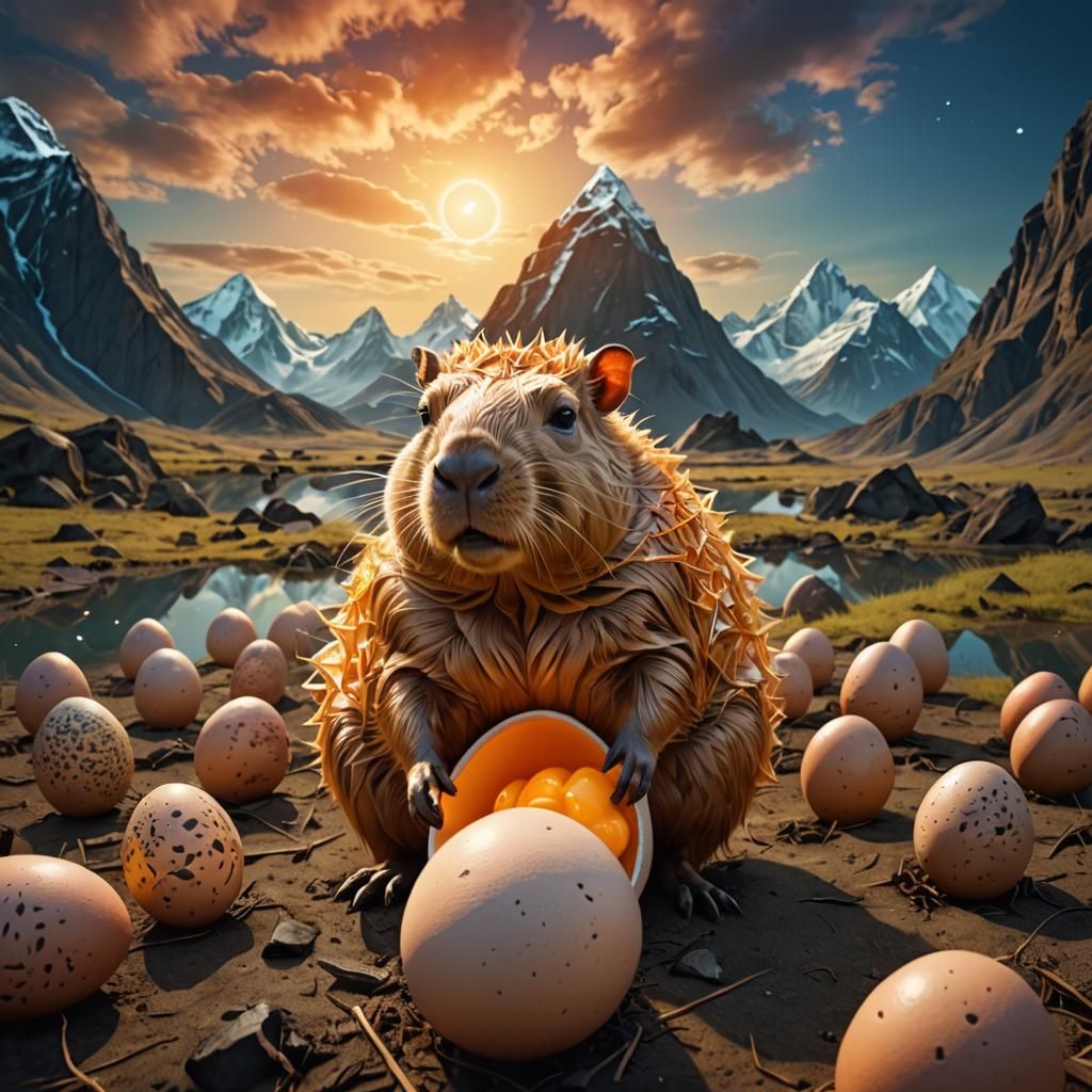 Surreal Capybara Humanoid Hatching in Chromatic Style