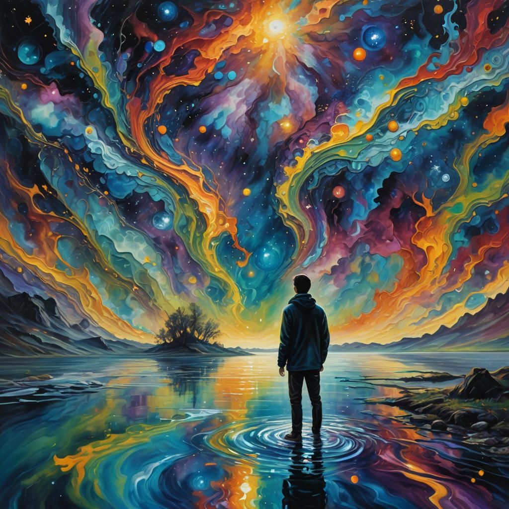 Cosmic River Reflecting Inverted Desires: Surreal Oil Painti...