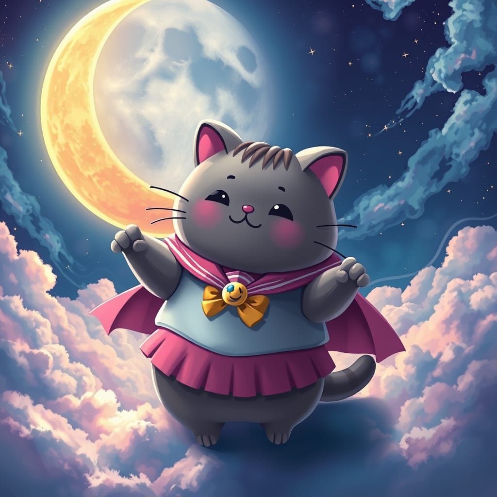 Heroic Pusheen in Dreamlike Fantasy Landscape