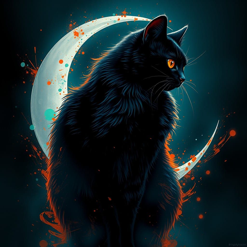 Ethereal Whispers: A Midnight Feline in Art Nouveau Style