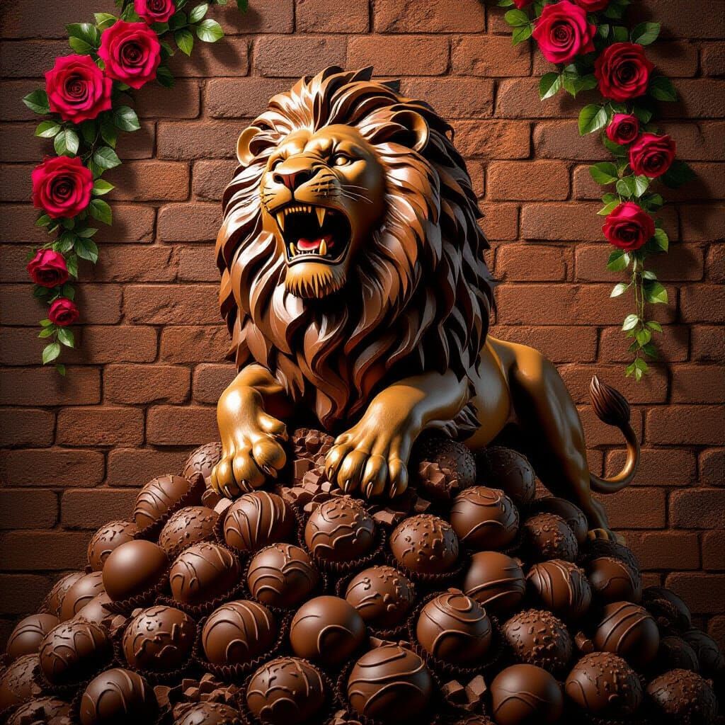 Hyperrealistic Chocolate Lion Sculpture with Chocolate Roses