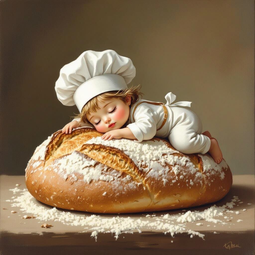 Cute Floured Chef Sleeping on Bread as Gouache Painting