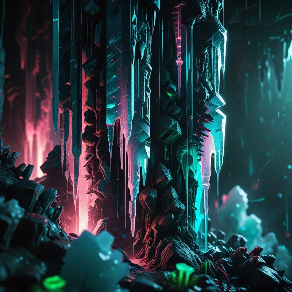 Cyberpunk Ice Stalactites Reflecting Neon Daylight