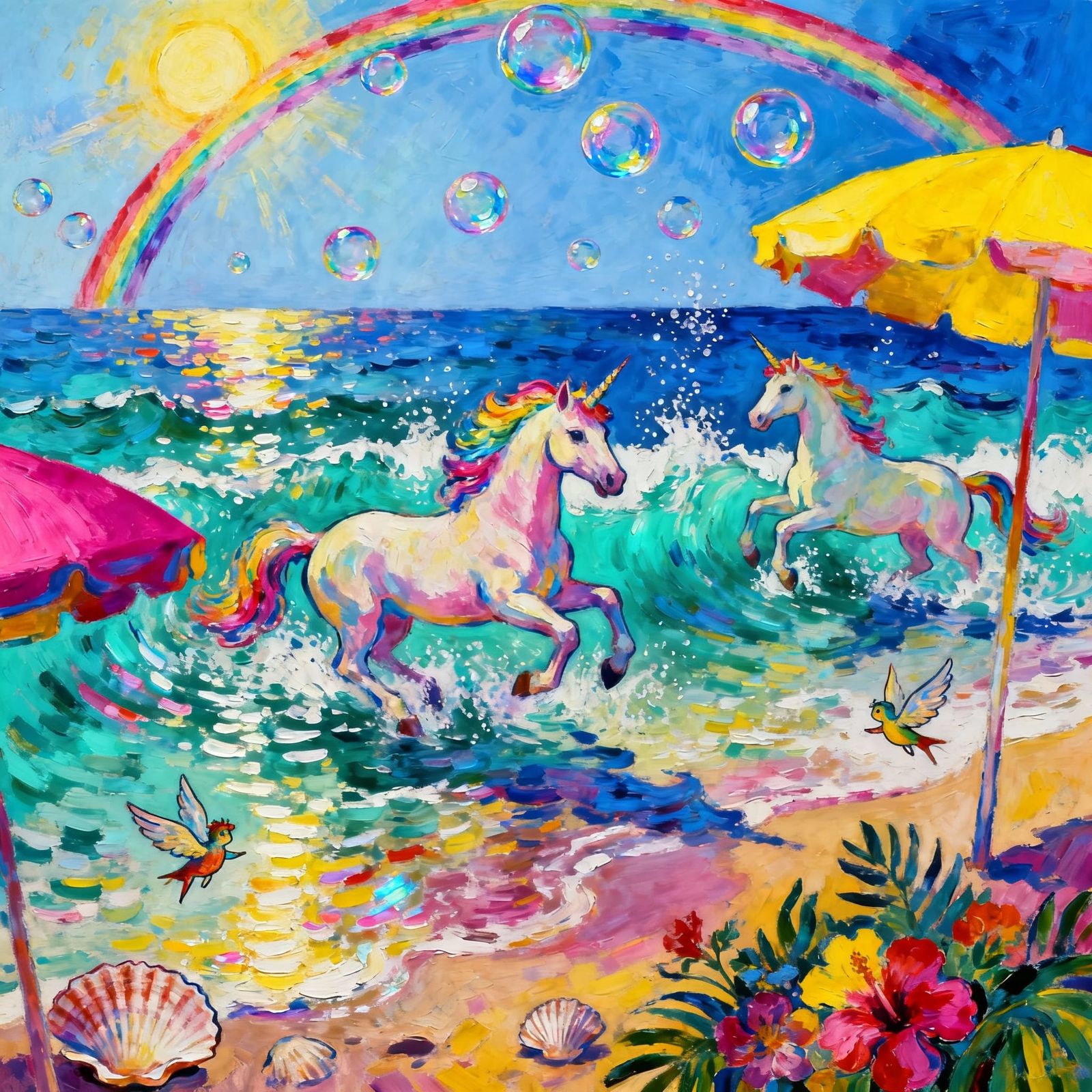 Unicorns Frolicking in Turquoise Waves on Sun-Drenched Beach