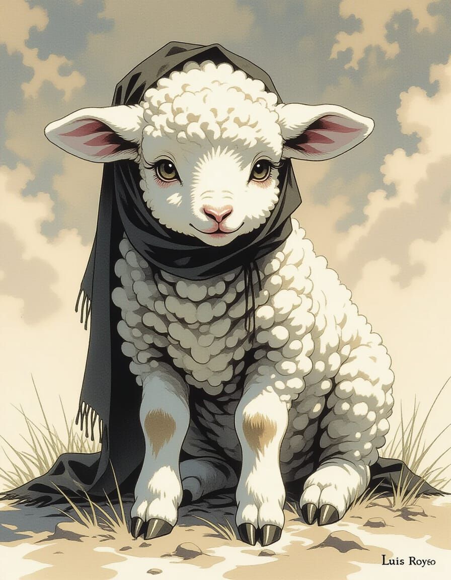 Anxious Lamb in Mixed Illustration Styles