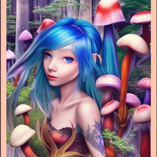 Elf with Blue Hair and Wings on Mushroom