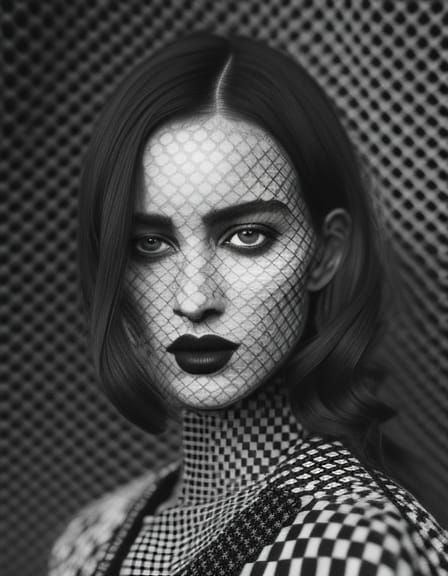 Checkerboard Woman Portrait in Pastel Line Art