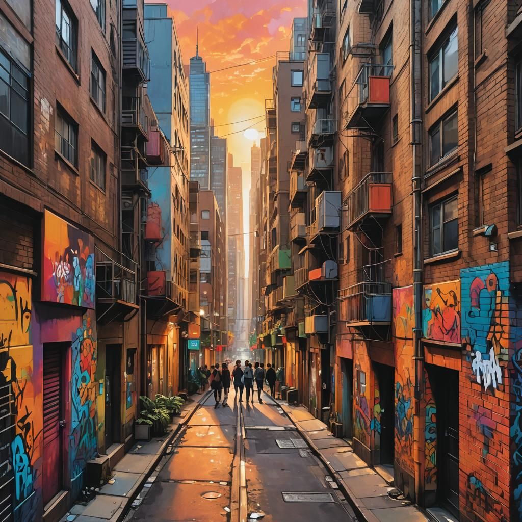 Sunset Alleyway with Vibrant Street Art