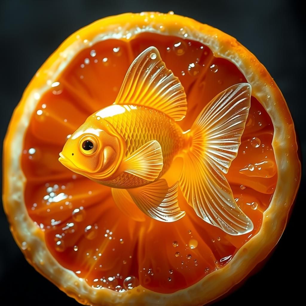 Orange Goldfish Carving in Photorealistic Aerogel Style