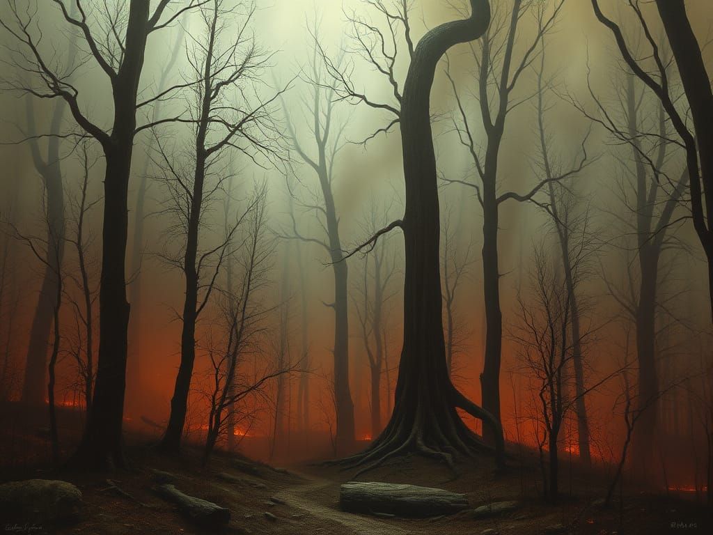 Dark Fantasy Forest in Flames, as Surreal Painting