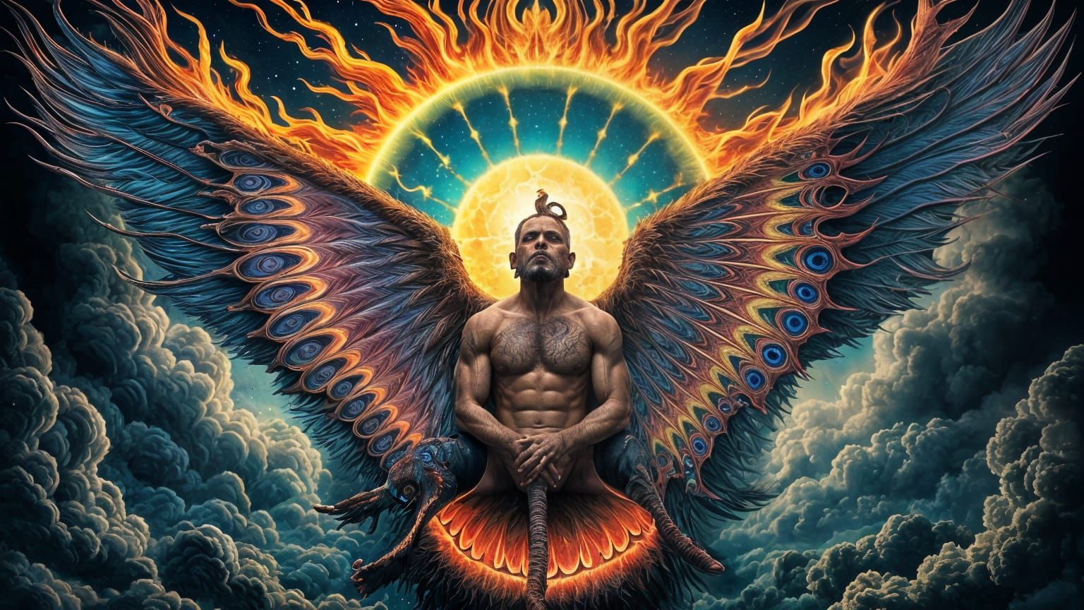 Mutant Man with Fiery Eyes in Fractal Dreamscape