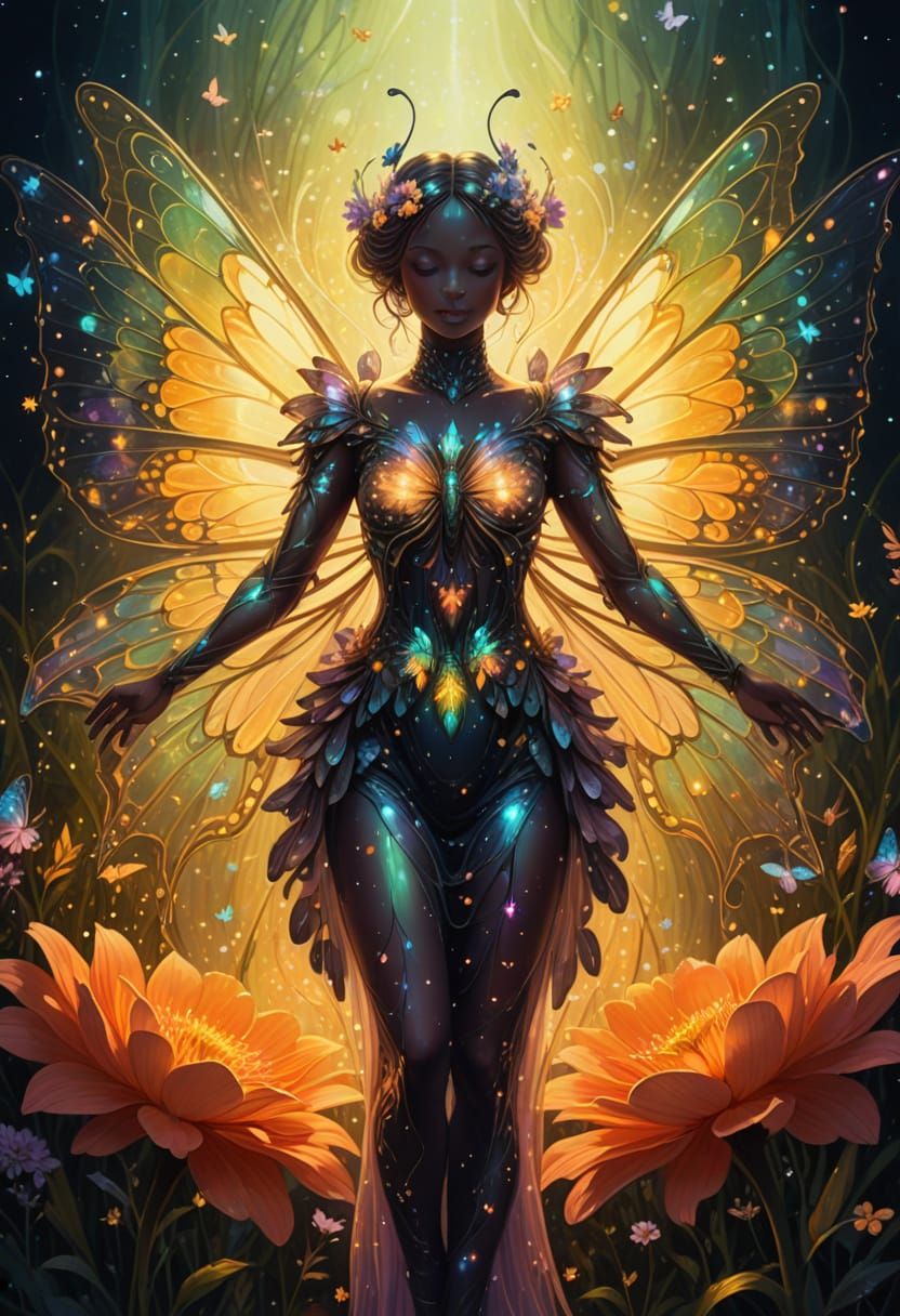 Celestial Butterfly in Bioluminescent Meadow: Iridescent Pai...