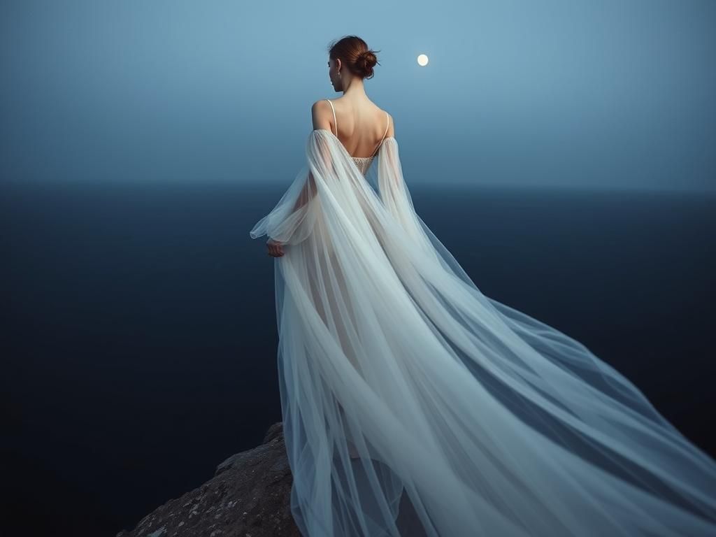 Ethereal Figure on Windswept Cliff: Moody Surrealism