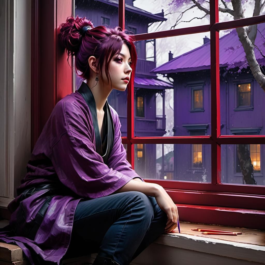 Beautiful Woman in Red and Violet Pencil Sketch