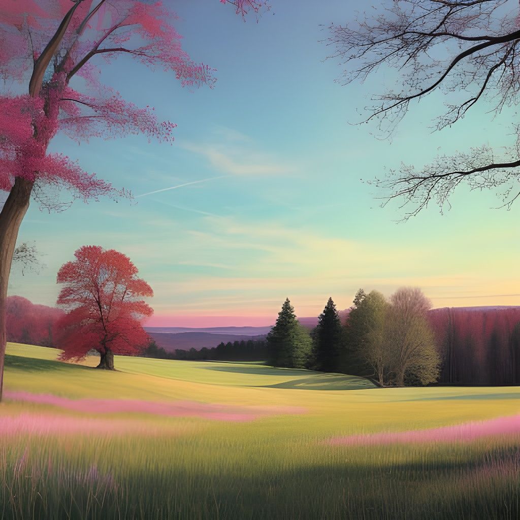 Vibrant Meadow Scene with Oak and Maple Trees