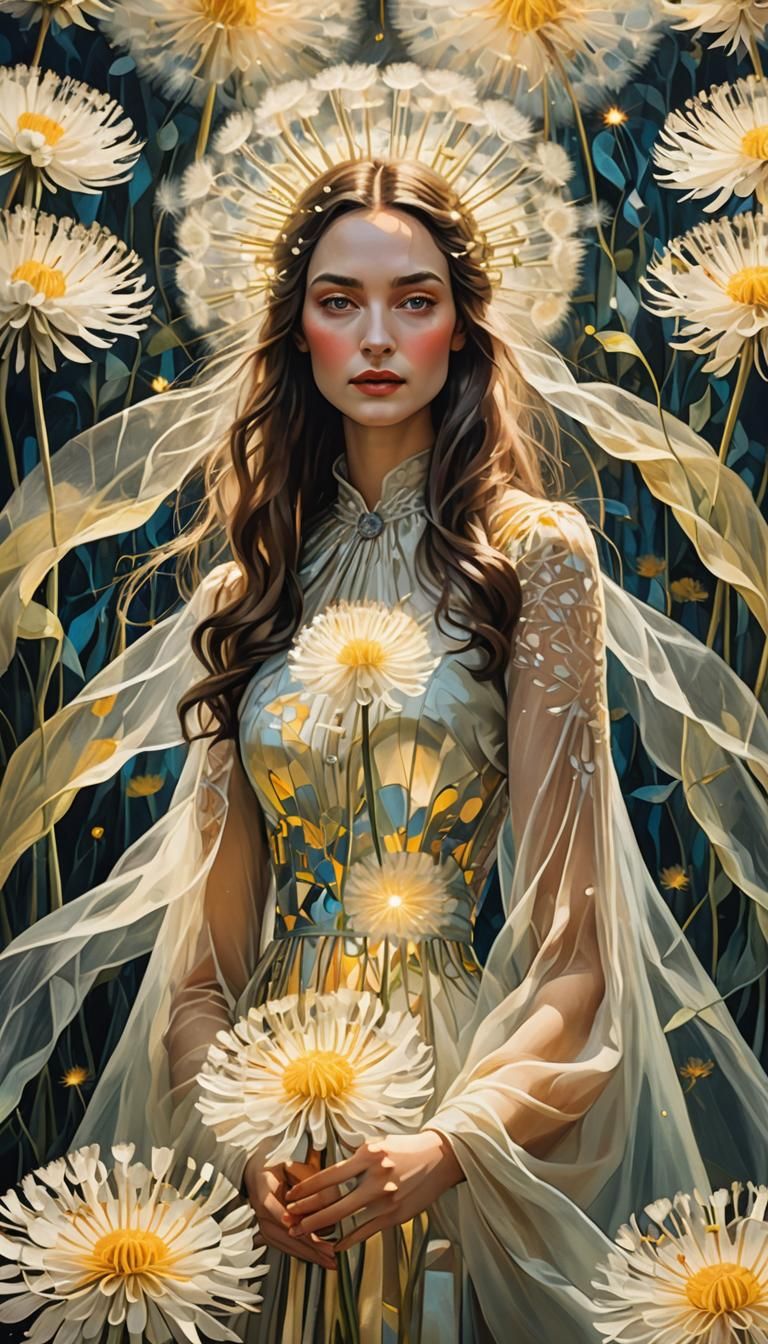 Woman in Silk Surrounded by Dandelions, Surrealist Concept A...