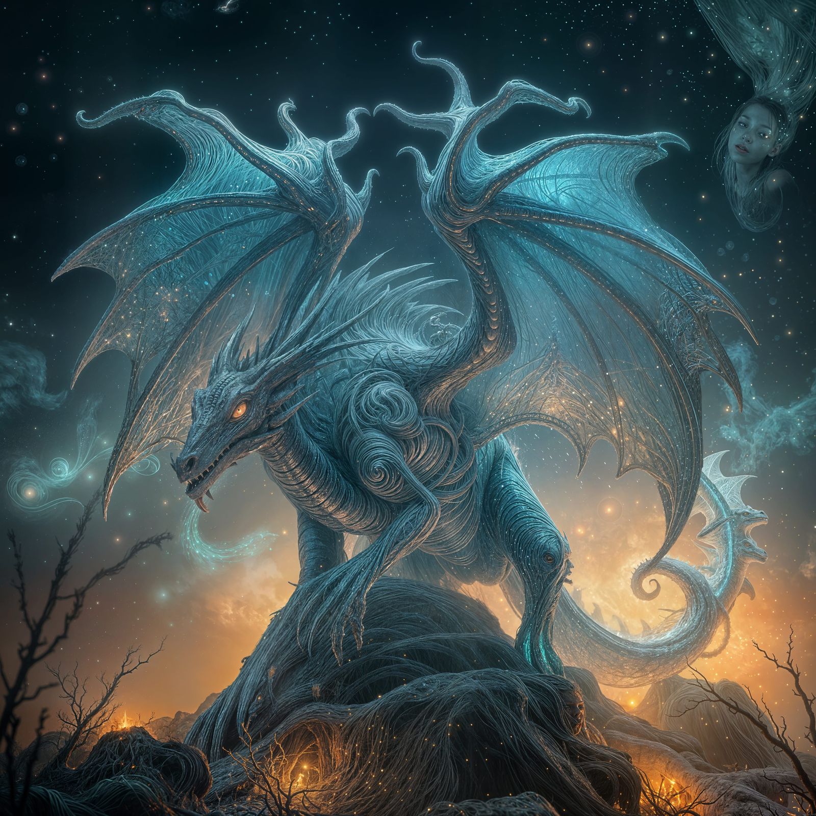 Spectral Dragon Portrait in Bioluminescent Forest