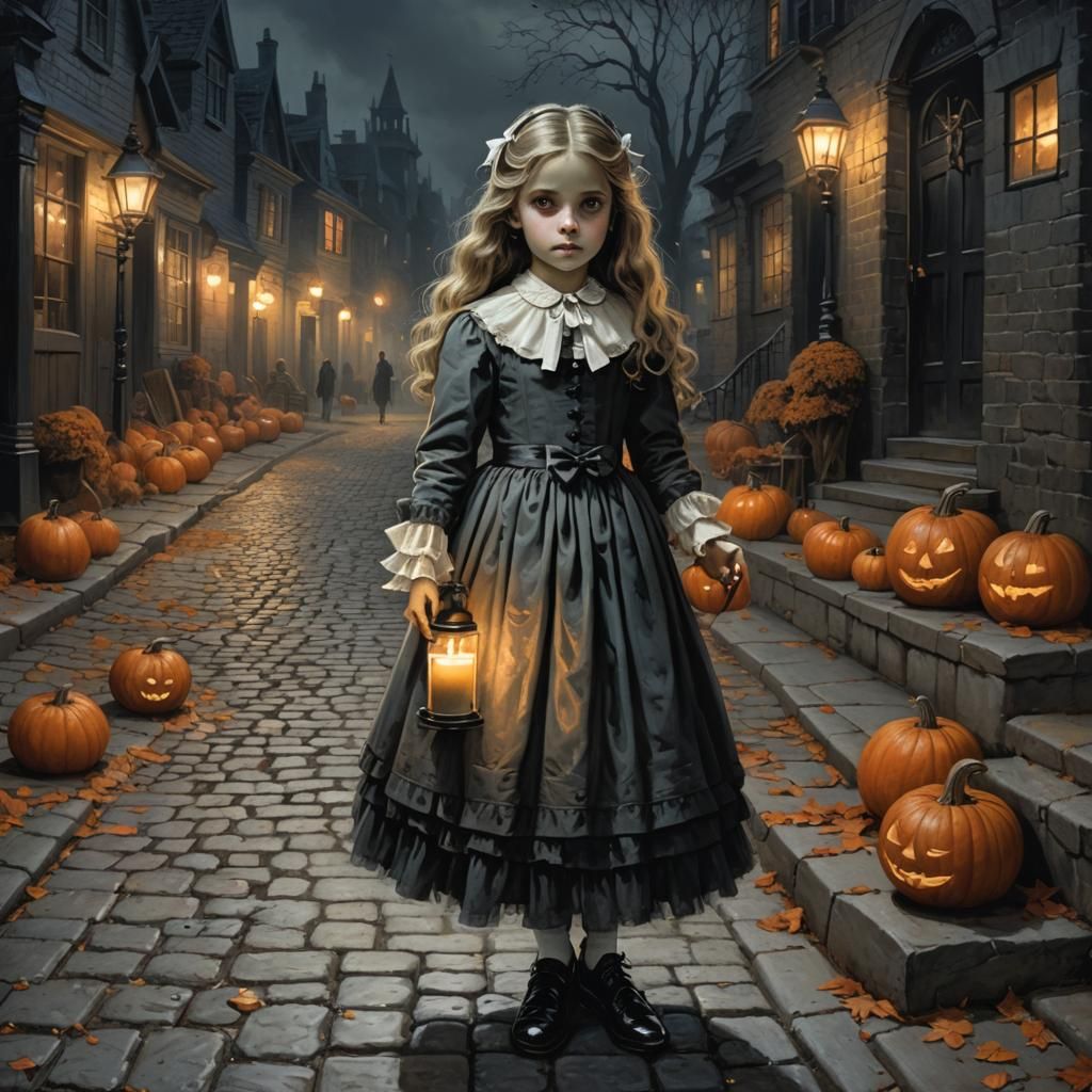 Ghost Girl with Candle in Dimly Lit Street