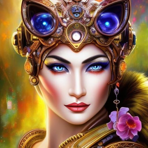 Cyborg Cat in Steampunk Floral Dreamscape
