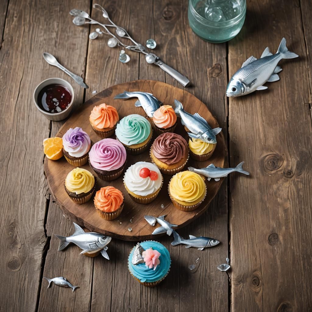 Colorful Cupcakes and Silver Fish Still Life