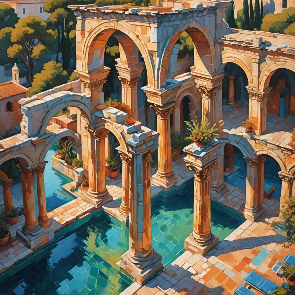 Vaporwave Pool with Deep Space View as Impasto Painting