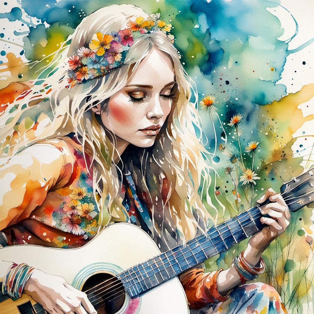 Hippie Girl Playing Guitar in Watercolor Style