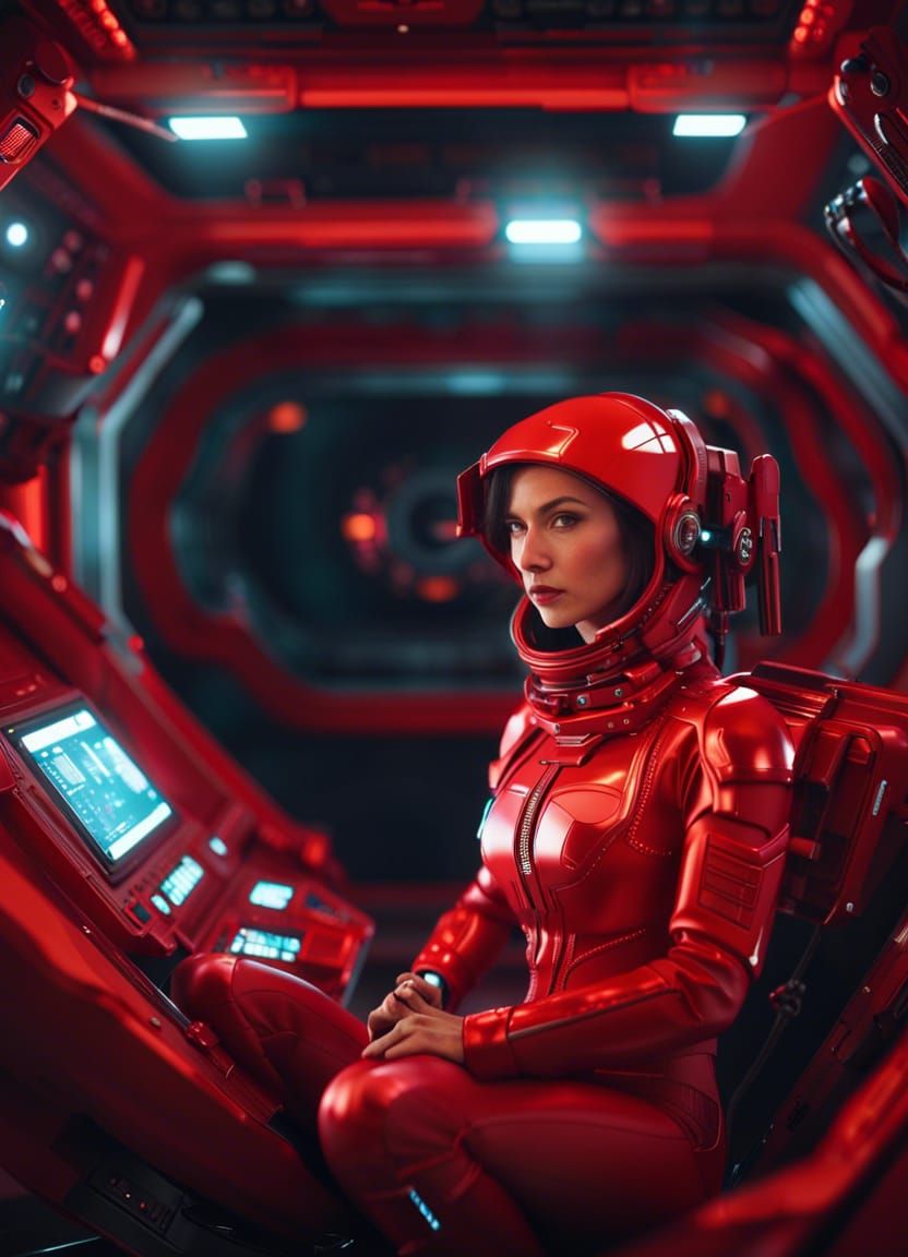 Futuristic Woman in Red Spaceship Cockpit