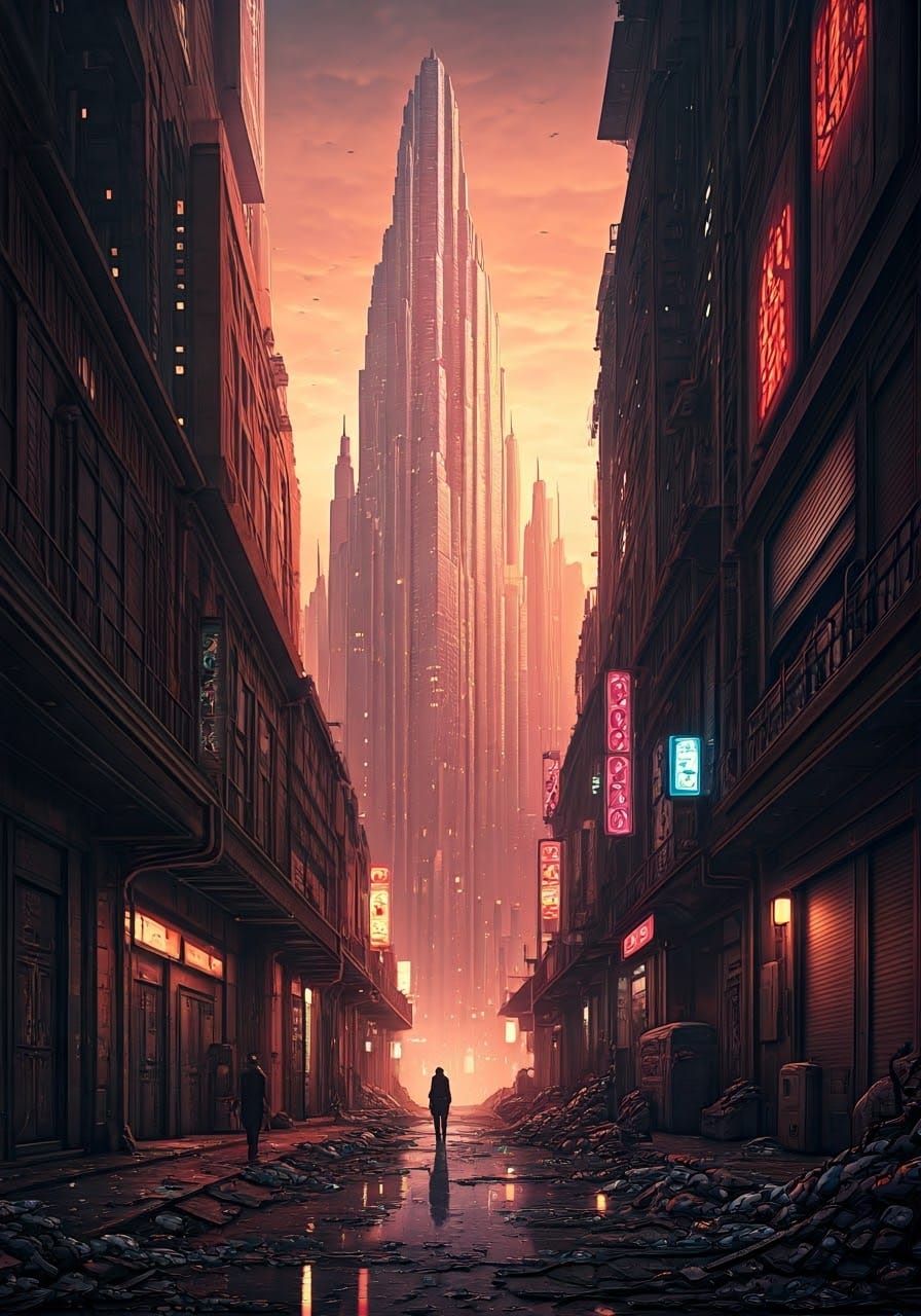 Dystopian Metropolis: Art Deco Skyscrapers in Cyberpunk Styl...